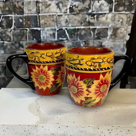 PIER 1 IMPORTS mugs sunflowers hand-painted terracotta set of two NEW burgandy - Picture 4 of 5